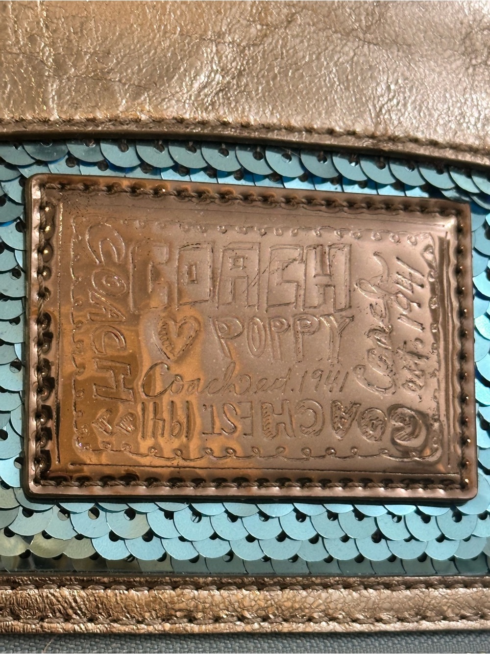Coach Poppy Spotlight Turquoise Ice Blue Sequin Satchel Y2K Silver Bag - Picture 5 of 10